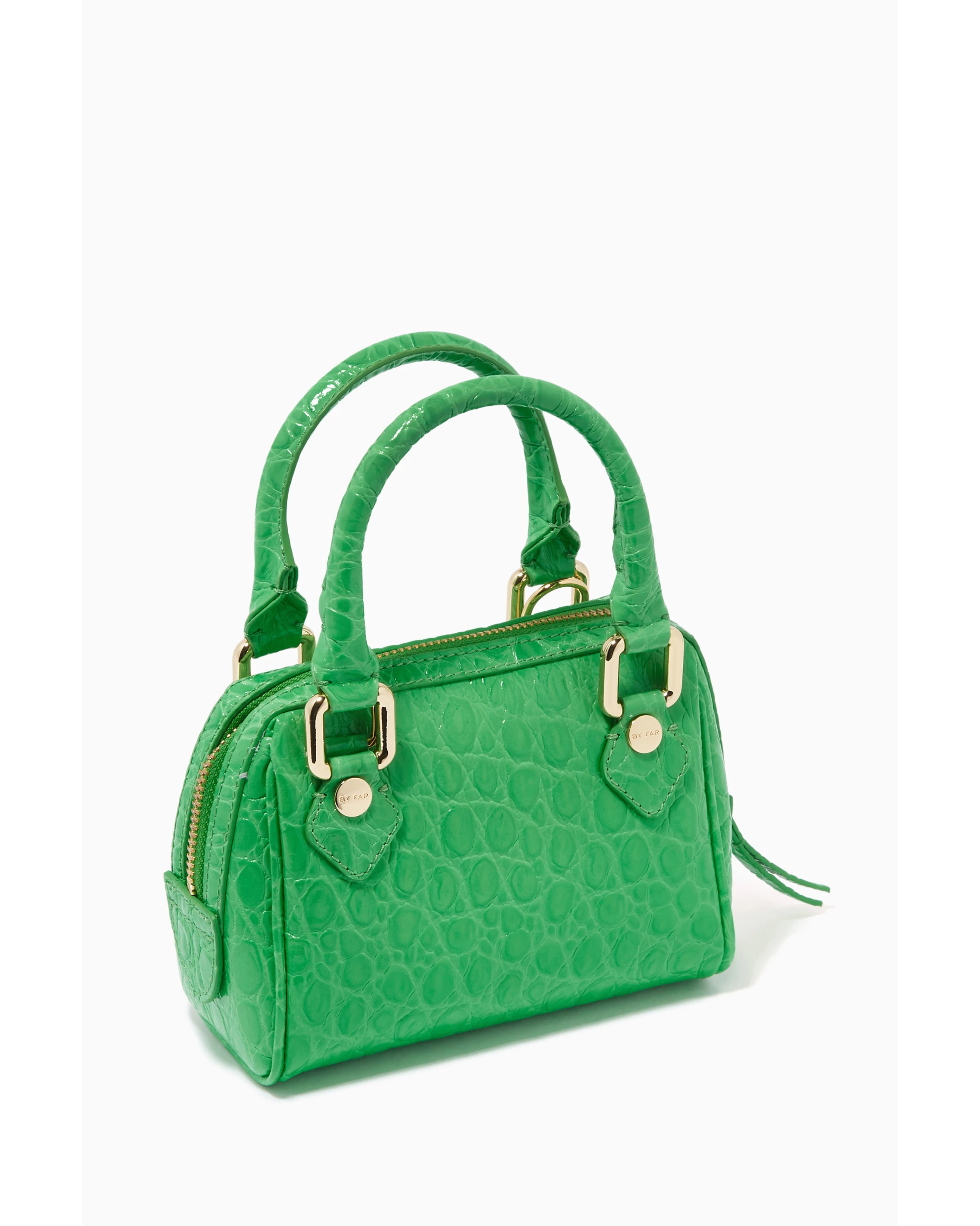 Green crocodile-embossed mini tote bag with gold hardware held by hand — By Far | Endless UAE