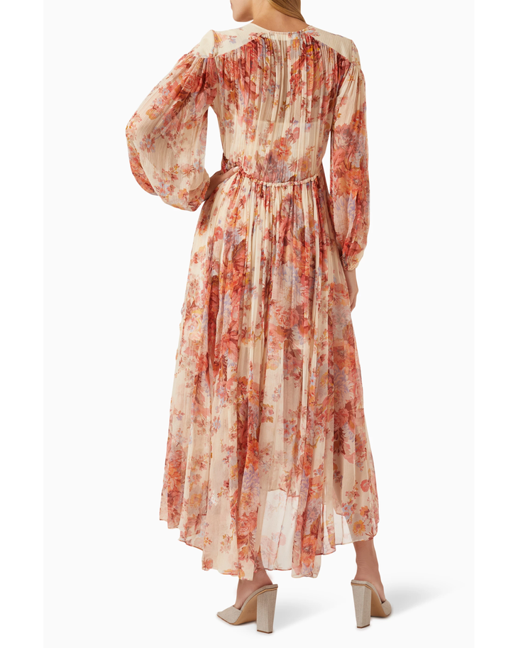 Floral printed maxi dress with gathered yolk detail, long sleeves, and flowing skirt in coral and cream tones — Zimmermann | Endless UAE