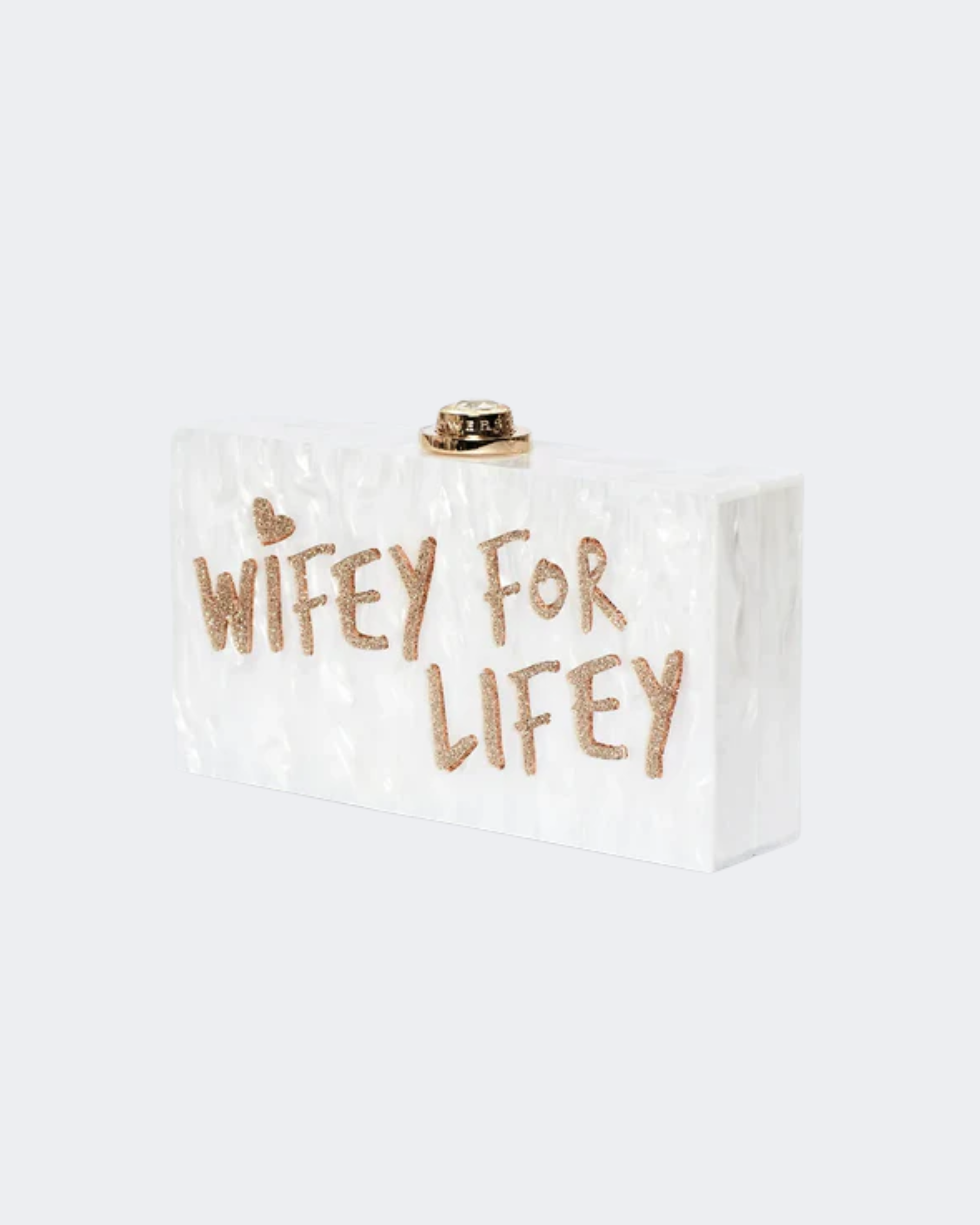 Wifey For Lifey clear clutch bag with gold glitter text and gold-tone hardware — Sophia Webster | Endless UAE