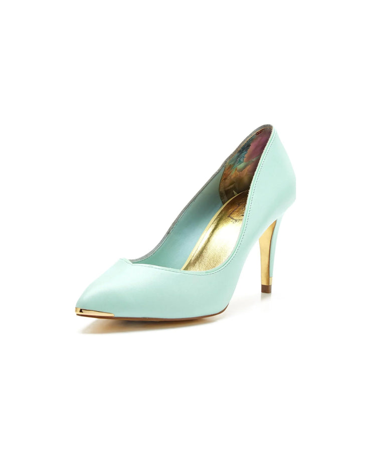Thaya light blue pointed toe high heel with gold heel and toe cap detail — Ted Baker | Endless UAE