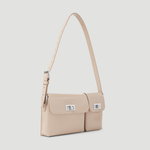 Beige patent leather shoulder bag with dual compartments and silver turnlock closures — Endless | Endless UAE