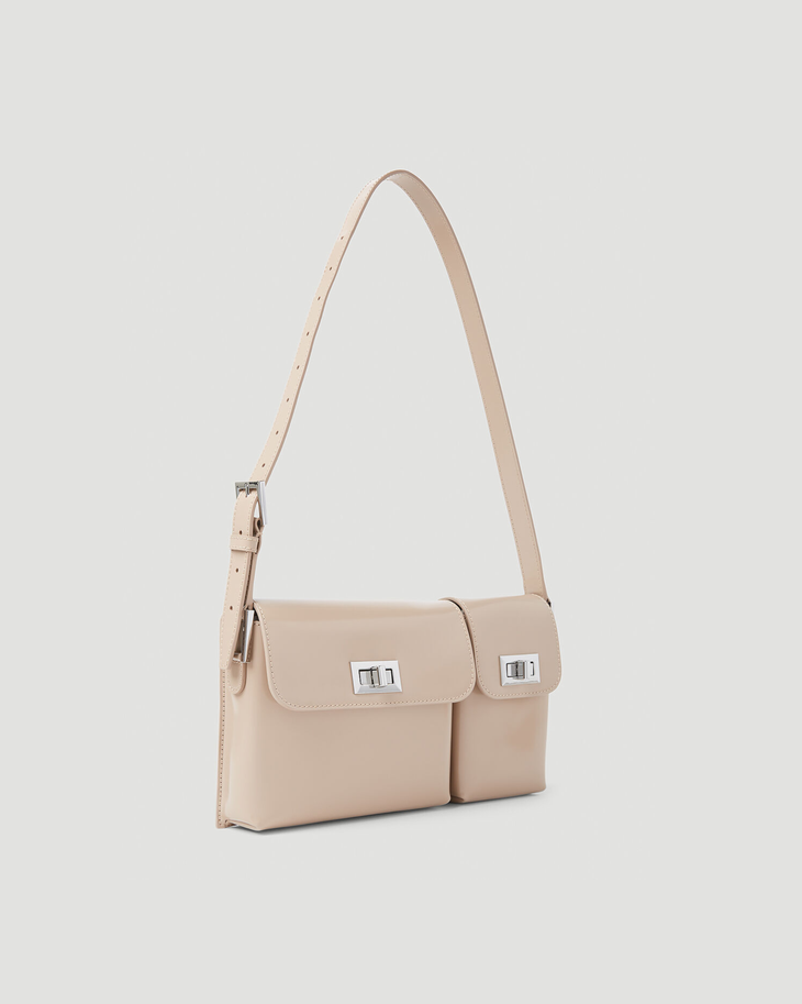Beige patent leather shoulder bag with dual compartments and silver turnlock closures — Endless | Endless UAE
