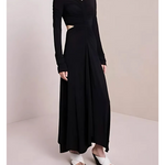 Black long-sleeve wrap midi dress with cutout details and white slide sandals — A.L.C | Endless UAE