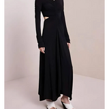 Black long-sleeve wrap midi dress with cutout details and white slide sandals — A.L.C | Endless UAE