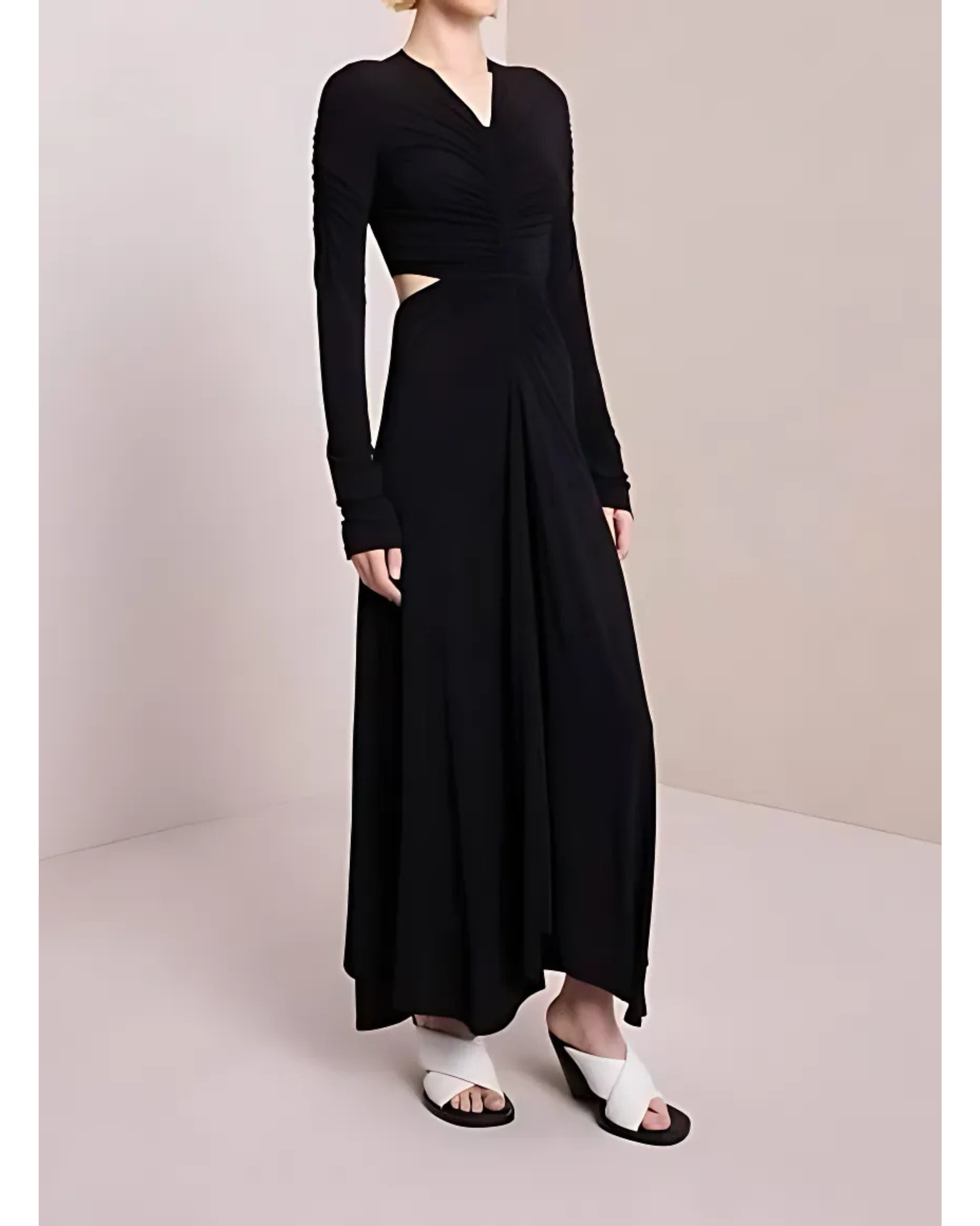 Black long-sleeve wrap midi dress with cutout details and white slide sandals — A.L.C | Endless UAE