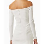Off-shoulder white mini dress with long sleeves and zipper back detail — Misha | Endless UAE