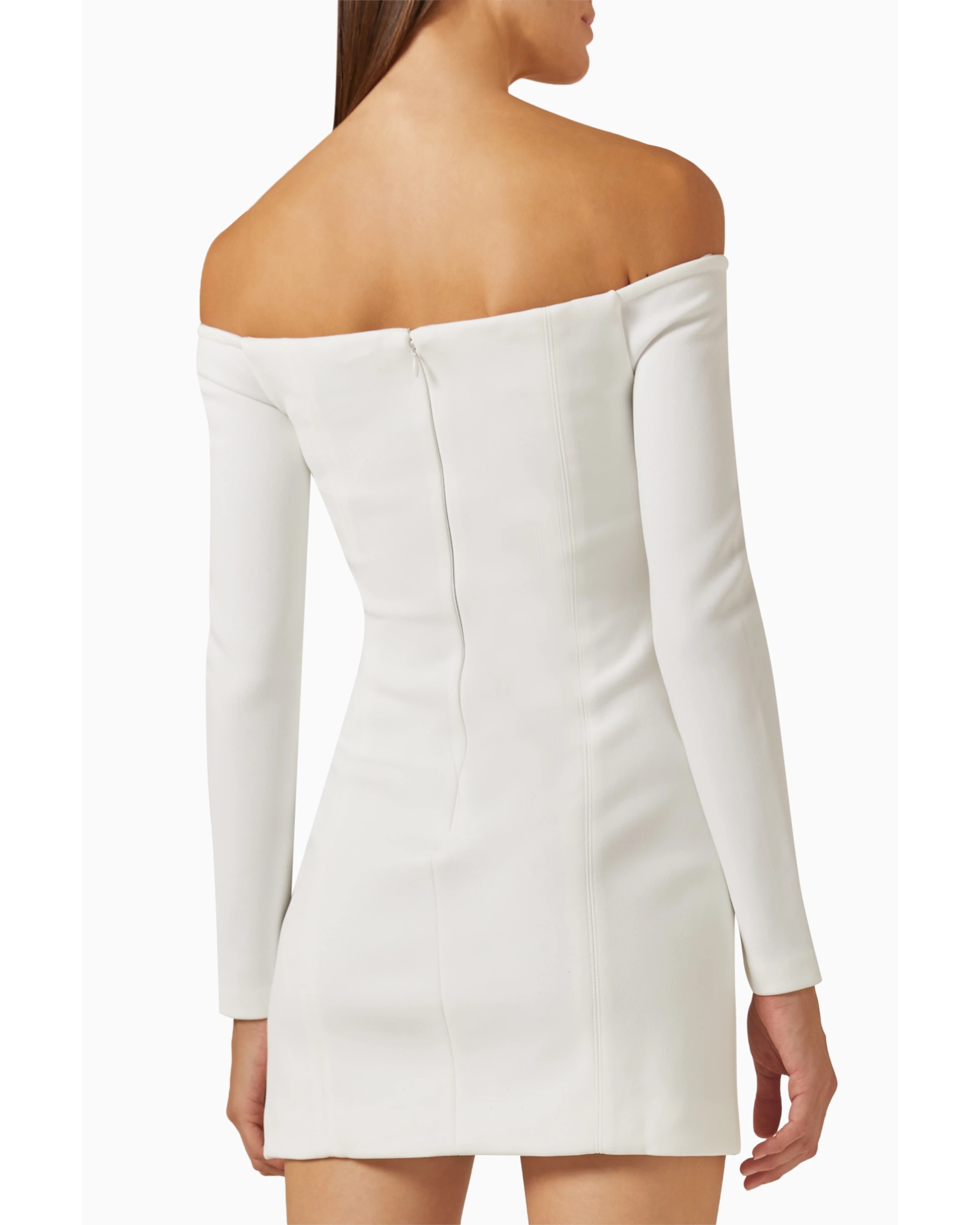 Off-shoulder white mini dress with long sleeves and zipper back detail — Misha | Endless UAE
