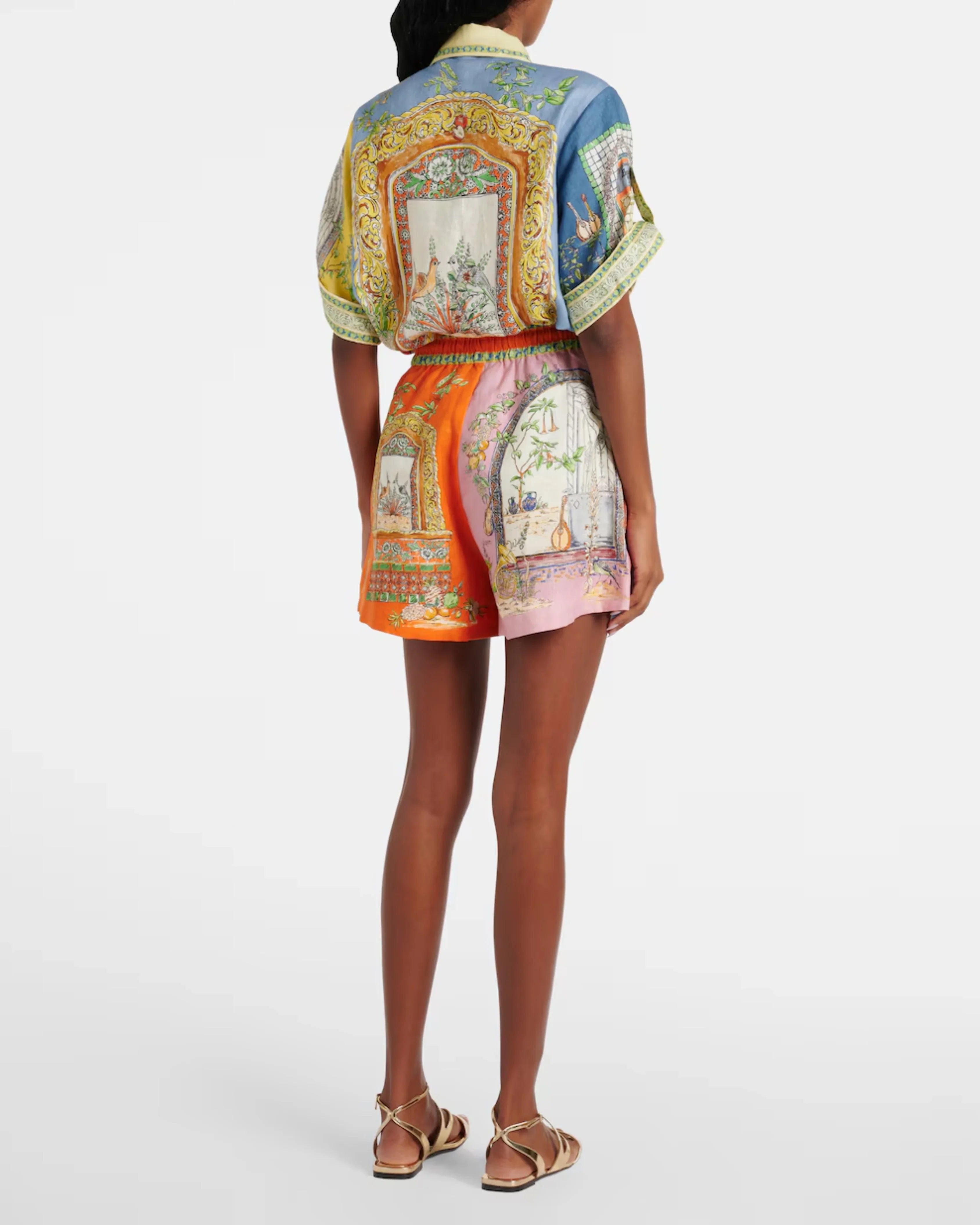 Colorful printed linen co-ord set with ornate architectural motifs — Alemais | Endless UAE