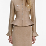Woman wearing a beige knit midi dress with crystal trim detailing and matching cropped jacket — Self-Portrait | Endless UAE