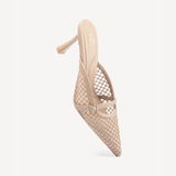 Beige pointed-toe mesh mules with decorative buckle strap and kitten heel — Cozy Island | Endless UAE