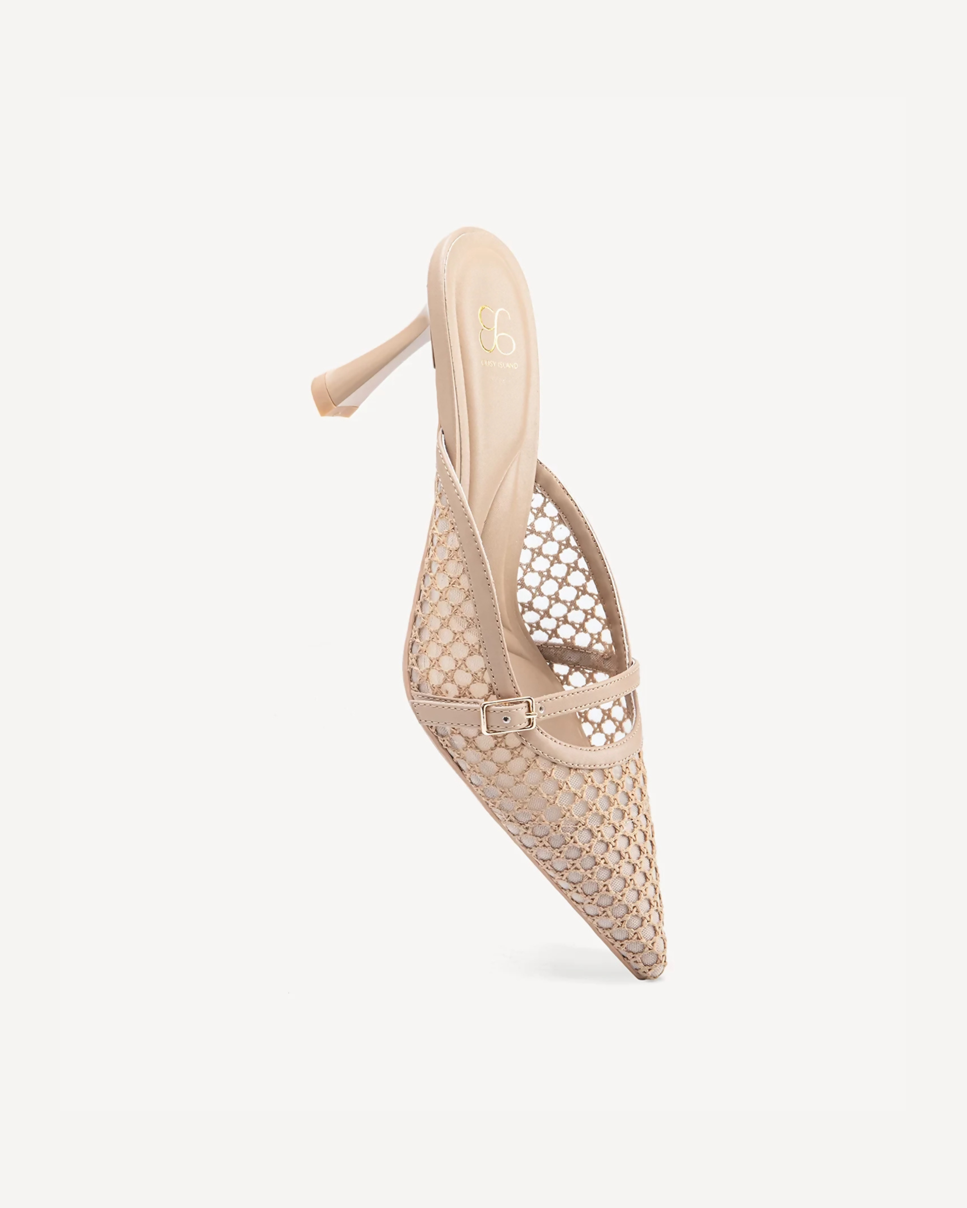 Beige pointed-toe mesh mules with decorative buckle strap and kitten heel — Cozy Island | Endless UAE