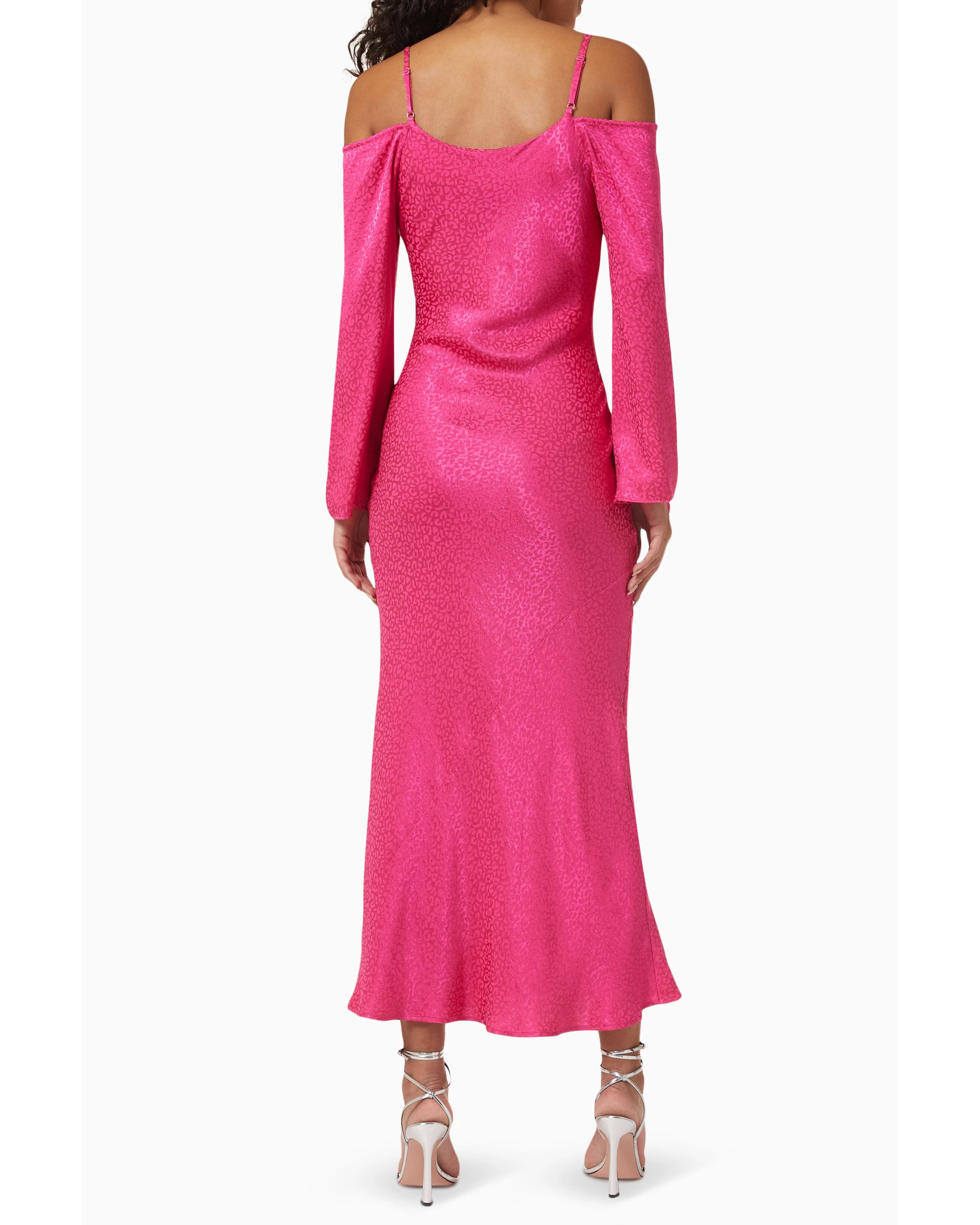 Hot pink jacquard cold shoulder maxi dress with long sleeves and adjustable straps — Never Fully Dressed | Endless UAE