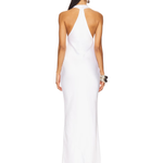 Woman wearing white halter drape bias gown with silver cuff bracelet — Norma Kamali | Endless UAE