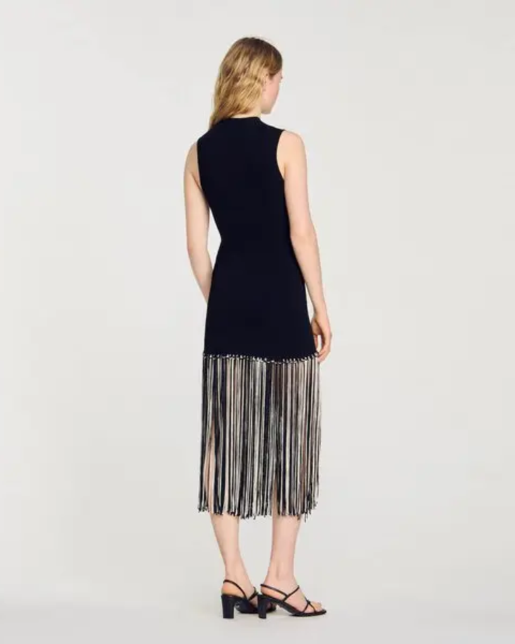 Black sleeveless midi dress with fringe hem detail — Sandro | Endless UAE