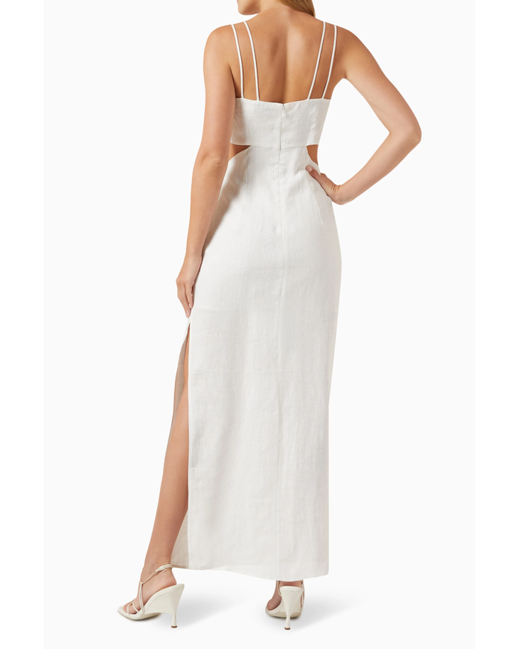 White linen maxi dress with double strap detail, cutout waist and high slit, back view — Misha | Endless UAE