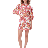 Woman wearing Explorer Mini Dress with pink floral print, puff sleeves, and gold belt — Torannce | Endless UAE
