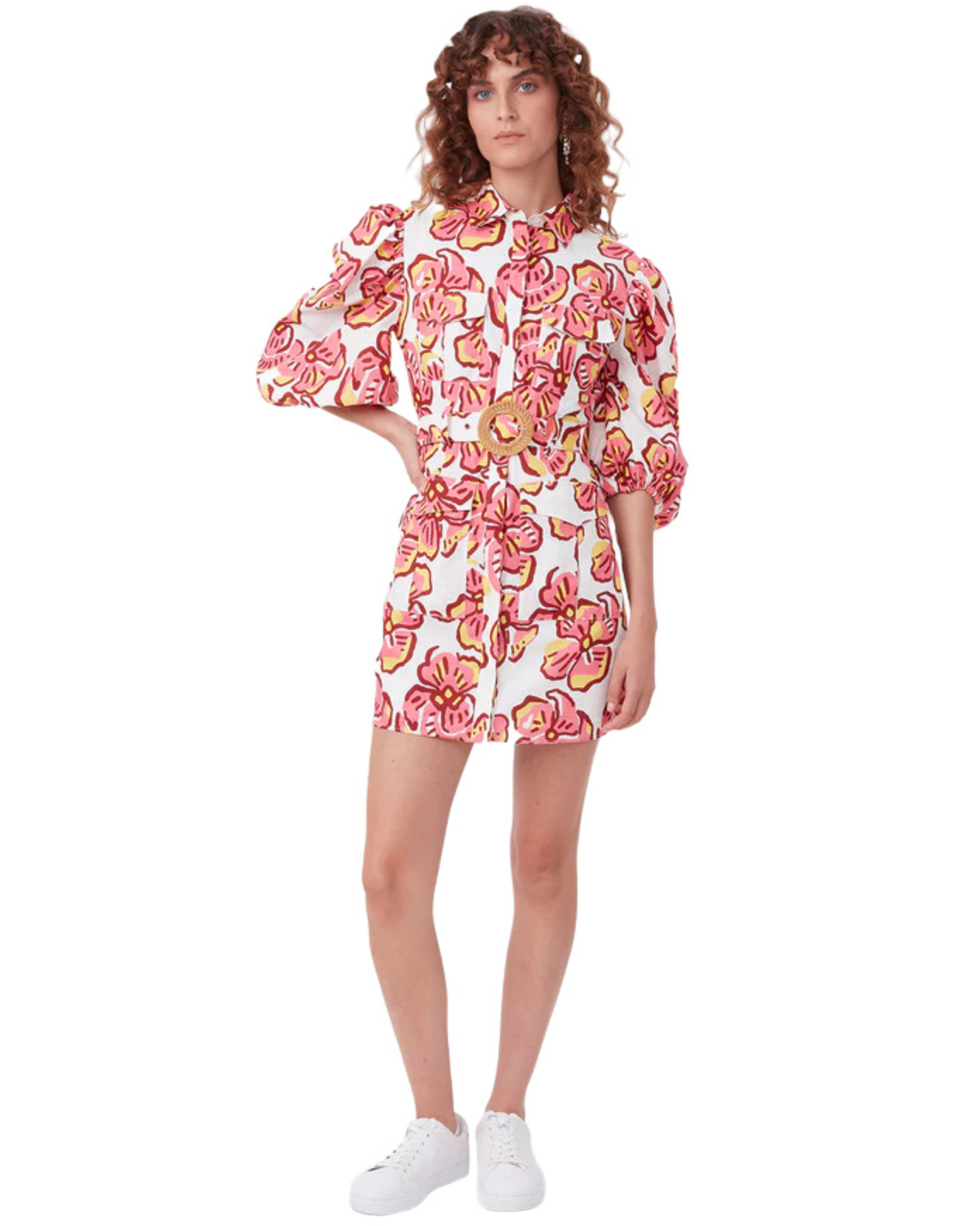 Woman wearing Explorer Mini Dress with pink floral print, puff sleeves, and gold belt — Torannce | Endless UAE