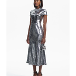 Silver sequin midi dress with twist neck and short sleeves — Self-Portrait | Endless UAE