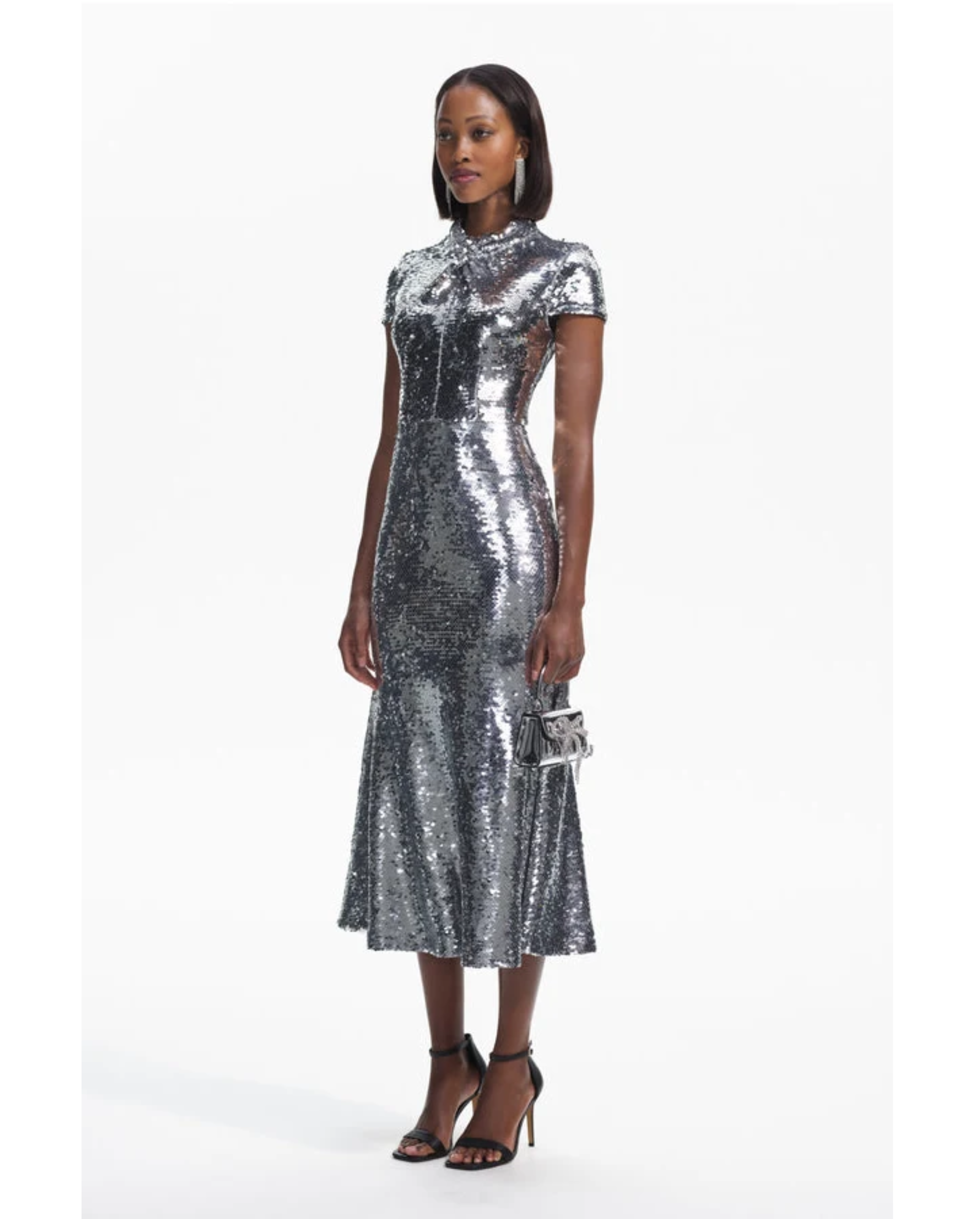 Silver sequin midi dress with twist neck and short sleeves — Self-Portrait | Endless UAE