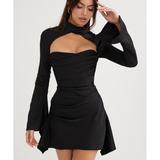 Black draped corset dress with long sleeves and cutout detail — House of CB | Endless UAE