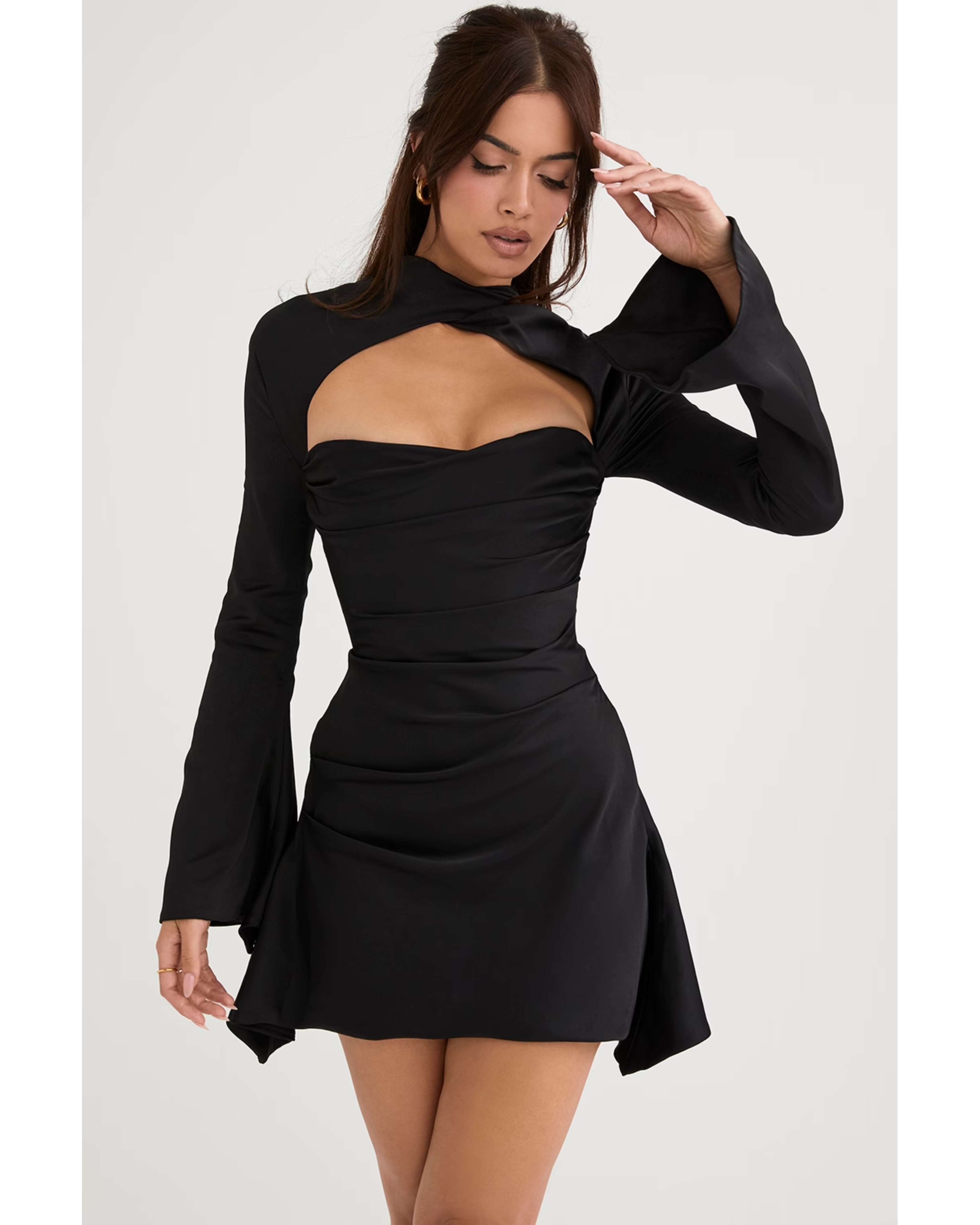 Black draped corset dress with long sleeves and cutout detail — House of CB | Endless UAE