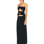 Black maxi dress with cutout details and knotted ties at torso, halter neckline — Mygel Coronel | Endless UAE