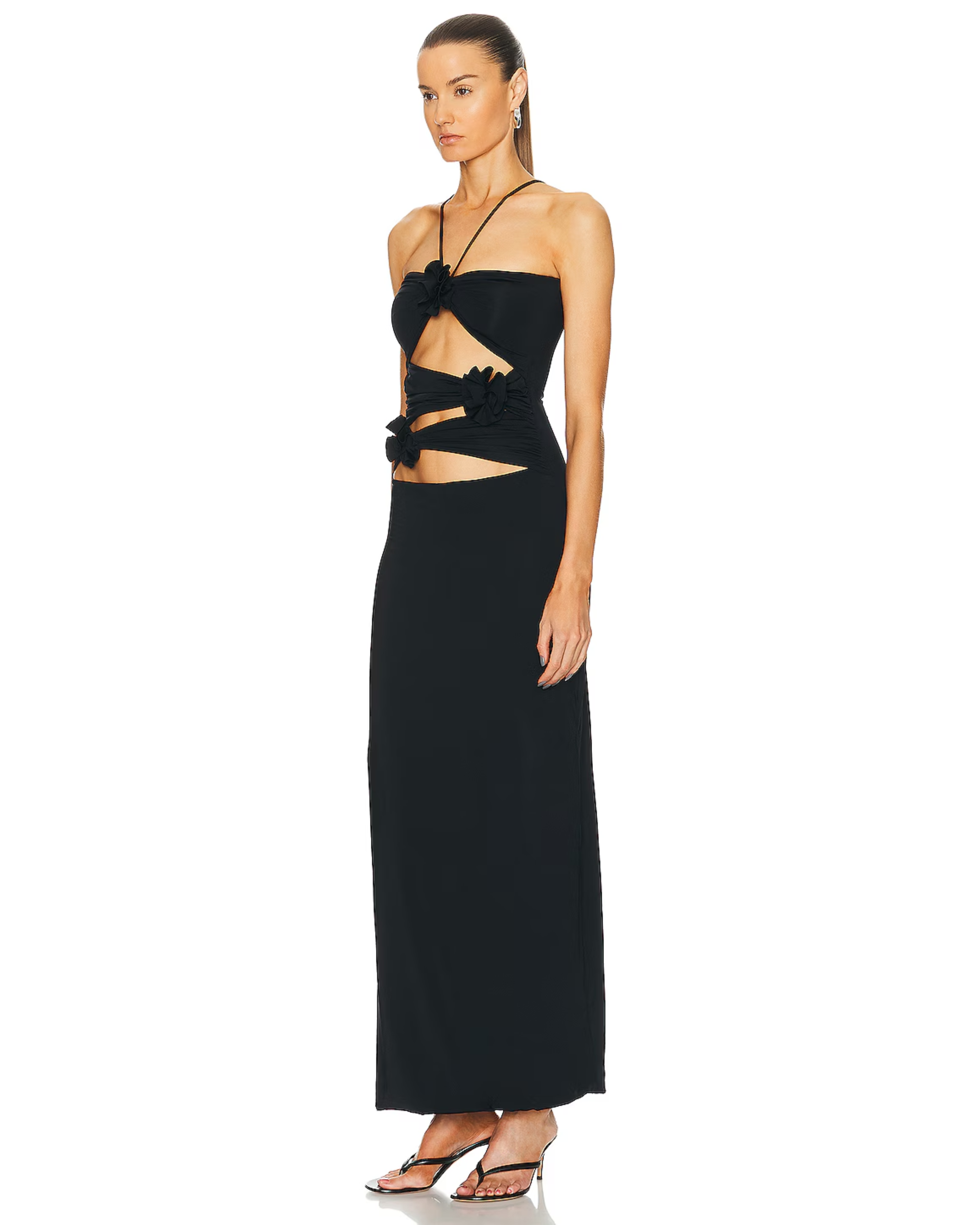 Black maxi dress with cutout details and knotted ties at torso, halter neckline — Mygel Coronel | Endless UAE