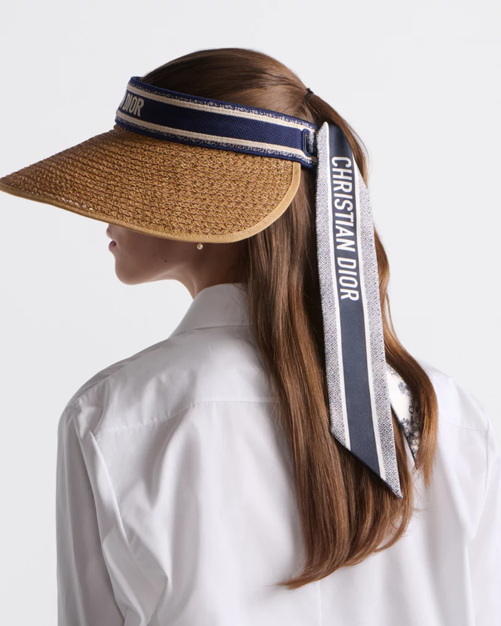 Tan woven visor with navy Christian Dior ribbon band and black toile scarf detail — Dior | Endless UAE