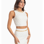 White knit crop top with diamond pattern and gold chain neckline — Elisabetta Franchi | Endless UAE