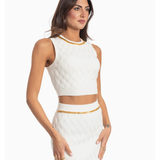 White knit crop top with diamond pattern and gold chain neckline — Elisabetta Franchi | Endless UAE