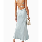 Light blue satin maxi dress with open back strappy detail and thin shoulder straps — Bec & Bridge | Endless UAE