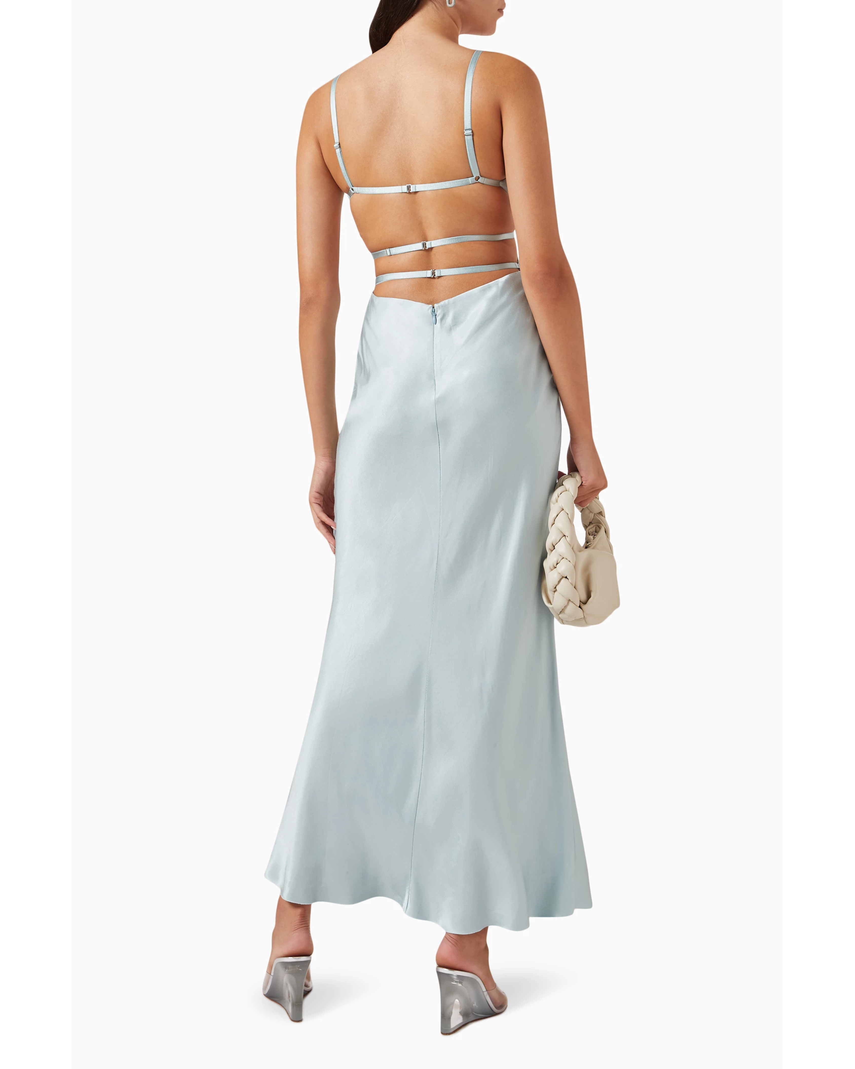 Light blue satin maxi dress with open back strappy detail and thin shoulder straps — Bec & Bridge | Endless UAE