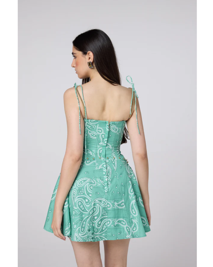 Mint green paisley print mini dress with thin straps and fit-and-flare silhouette — Mayka | Endless UAE
