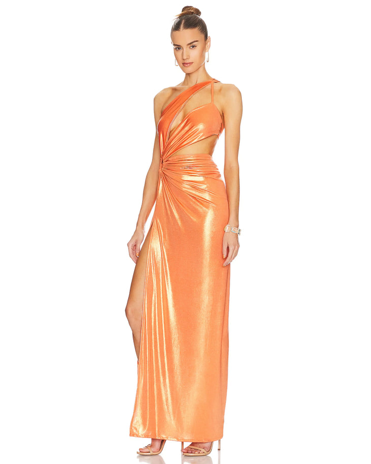 Woman wearing an orange metallic one-shoulder draped gown with high slit — J.Angelique | Endless UAE