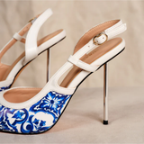 White slingback heels with blue and white porcelain-inspired floral print toe and metallic stiletto heel — Subashini Heels | Endless UAE