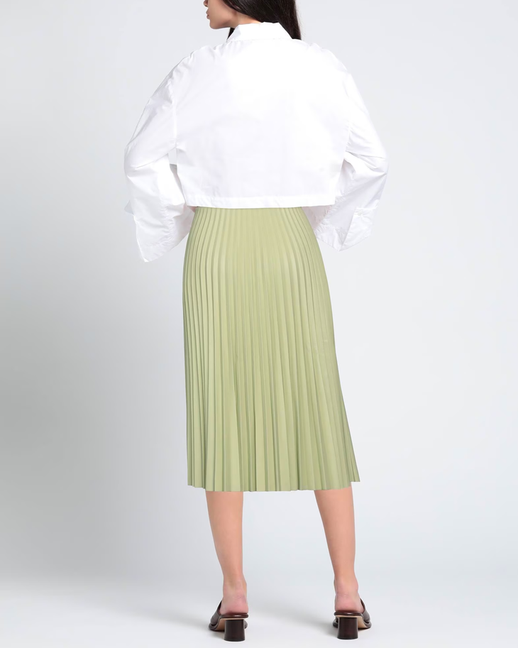 Sage green pleated midi skirt with white button-down shirt, back view — Proenza Schouler | Endless UAE