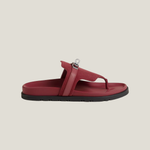 Burgundy leather thong sandal with black sole and silver hardware — Hermes | Endless UAE