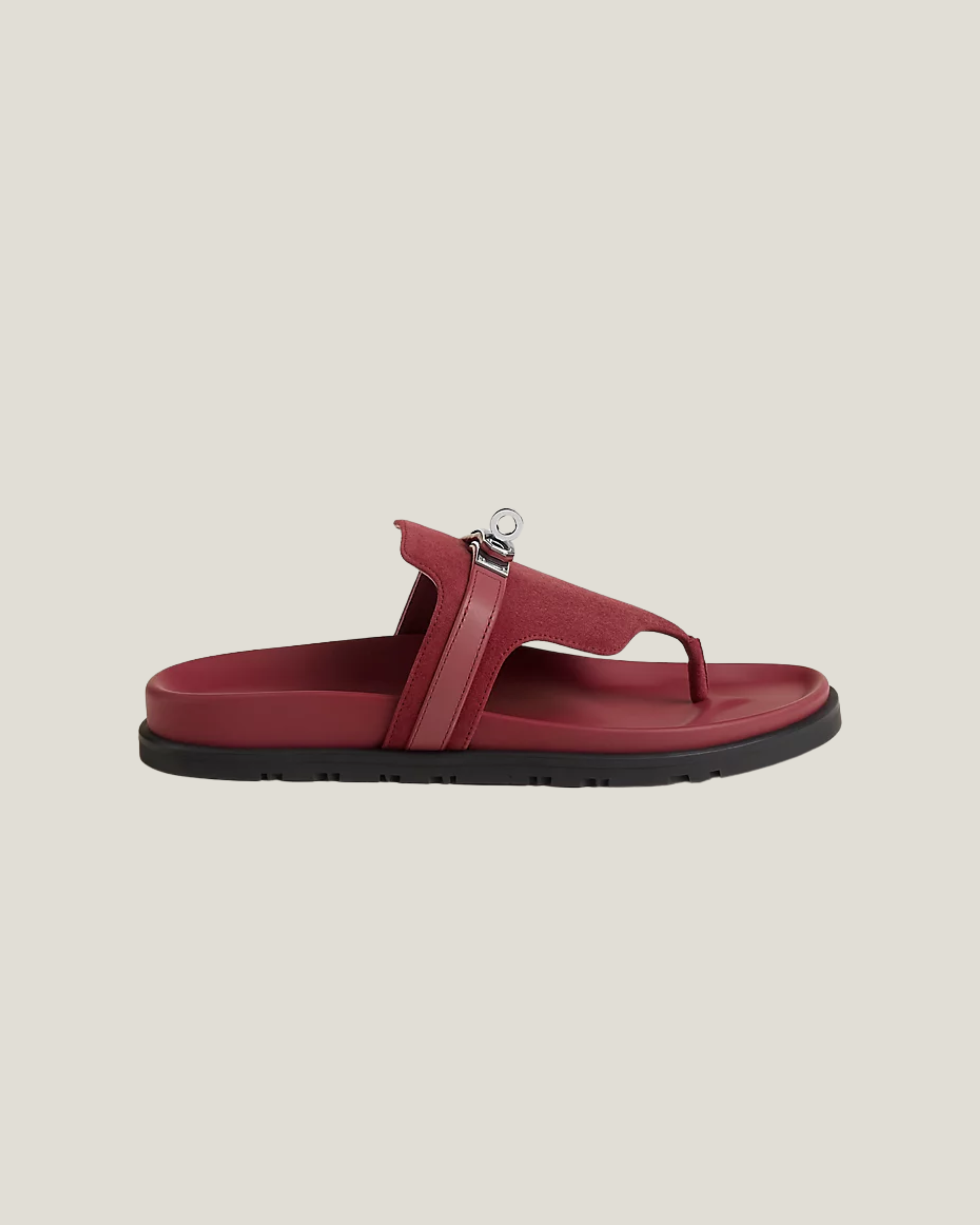 Burgundy leather thong sandal with black sole and silver hardware — Hermes | Endless UAE