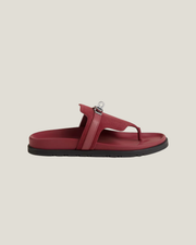 Burgundy leather thong sandal with black sole and silver hardware — Hermes | Endless UAE