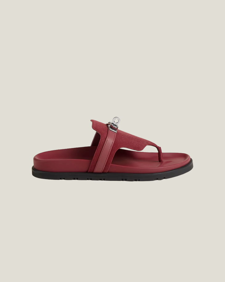 Burgundy leather thong sandal with black sole and silver hardware — Hermes | Endless UAE
