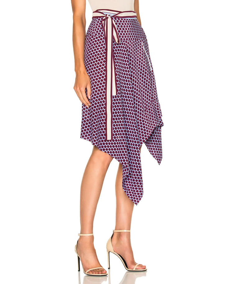 Danica Wrap Skirt in burgundy polka dot print with asymmetrical handkerchief hem — Alexis | Endless UAE