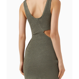 Olive green textured mini dress with scooped back and side cut-out detail, sleeveless bodycon fit — Misha | Endless UAE