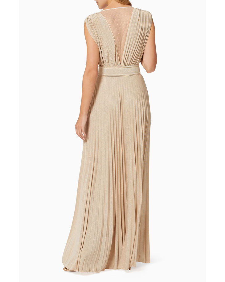 Elegant champagne gold pleated maxi dress with sheer back detail and belted waist — Elisabetta Franchi | Endless UAE