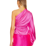 Hot pink one-shoulder draped top with textured fabric detail — Solace London | Endless UAE