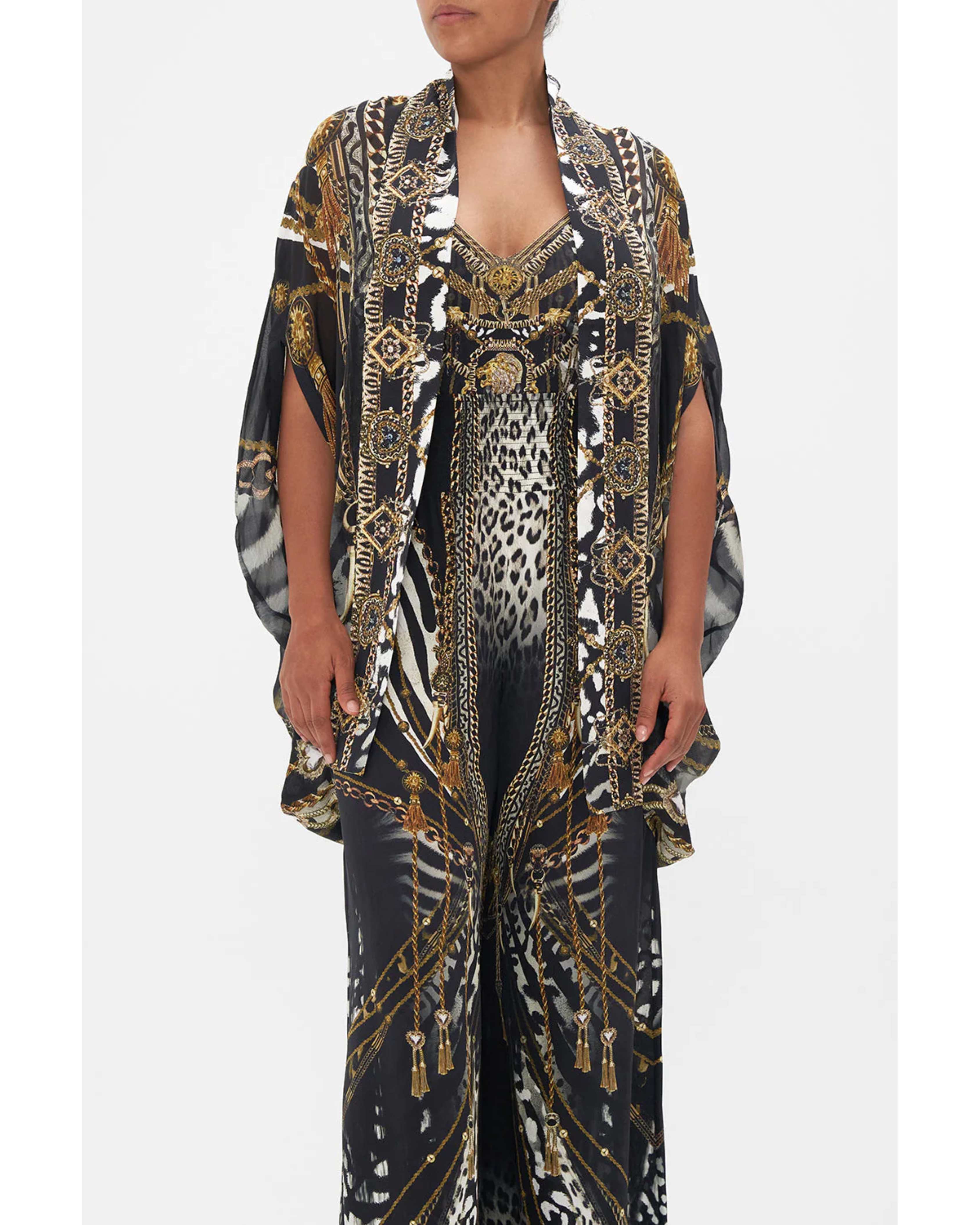 Ornate black and gold patterned co-ord set with chain and animal print details — Camilla | Endless UAE