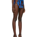Blue and brown printed miniskirt with gold ring hardware details and cutout design — Louisa Ballou | Endless UAE