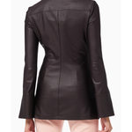 Dark metallic leather shirt jacket with bell sleeves and collar, shown from back view — Alexander Wang | Endless UAE