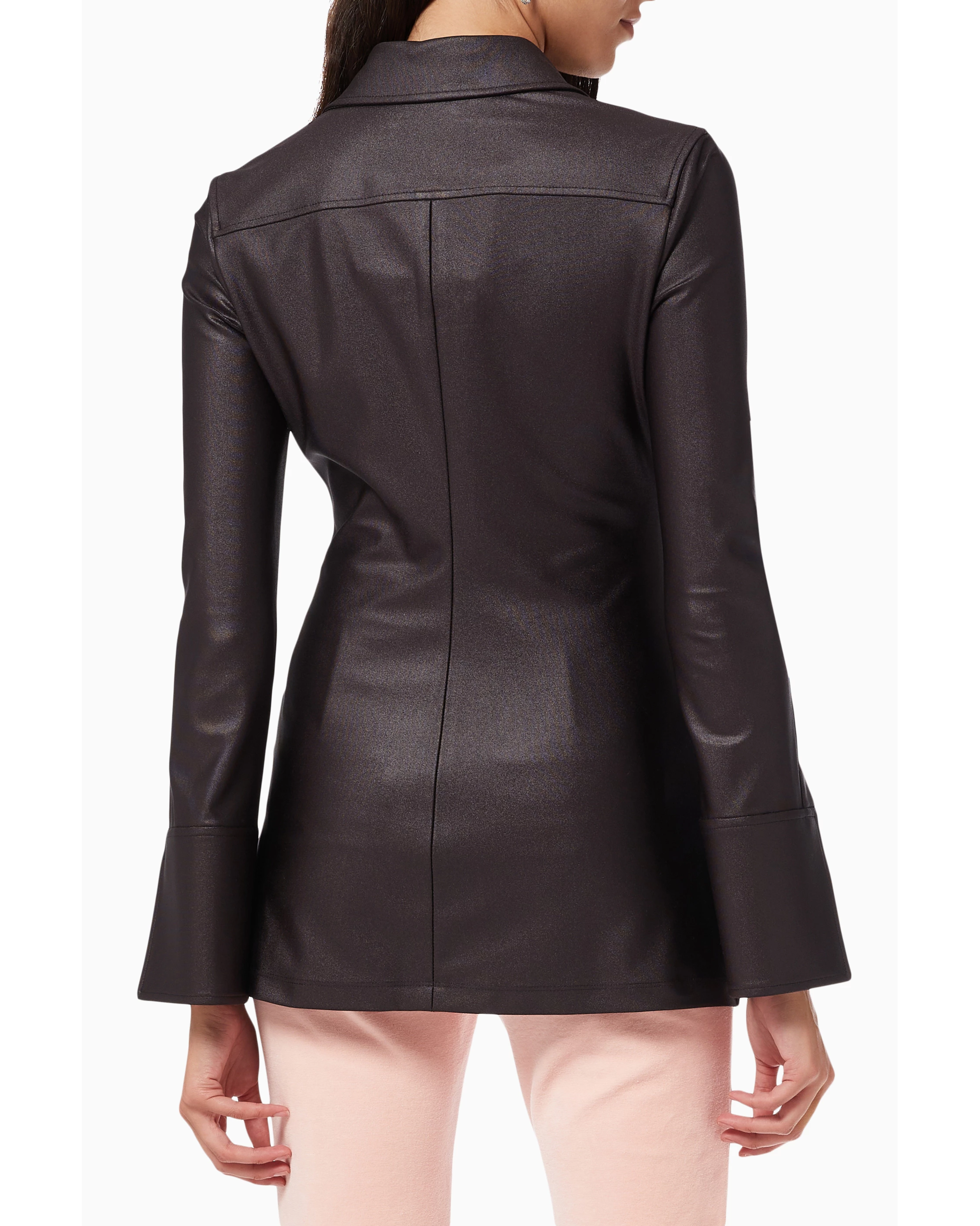 Dark metallic leather shirt jacket with bell sleeves and collar, shown from back view — Alexander Wang | Endless UAE