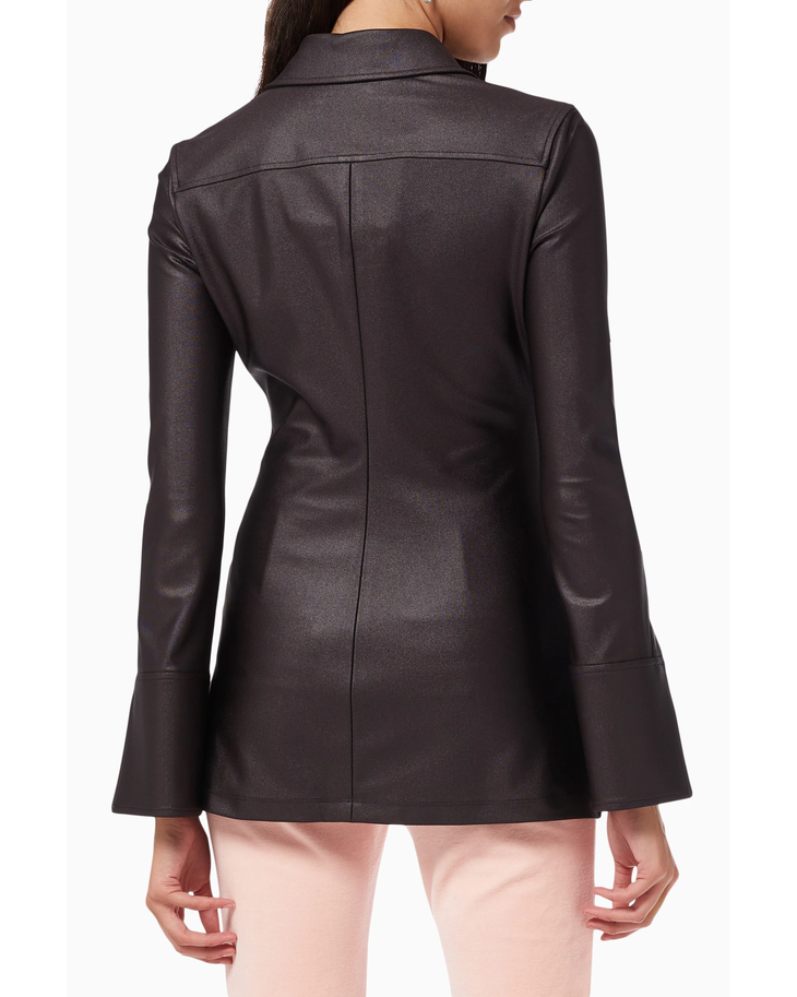 Dark metallic leather shirt jacket with bell sleeves and collar, shown from back view — Alexander Wang | Endless UAE