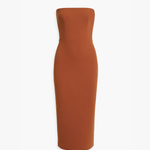 Woman modeling a rust-colored strapless stretch-crepe midi dress with strappy sandals — Alex Perry | Endless UAE